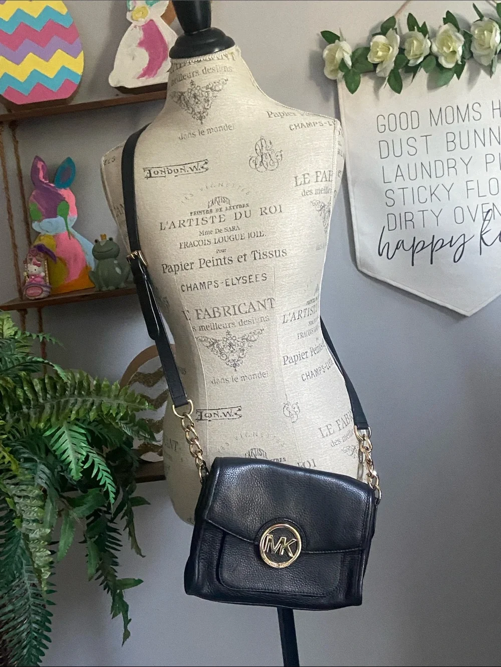 Michael Kors Black Leather Crossbody with Gold MK Emblem Purse Adj Strap